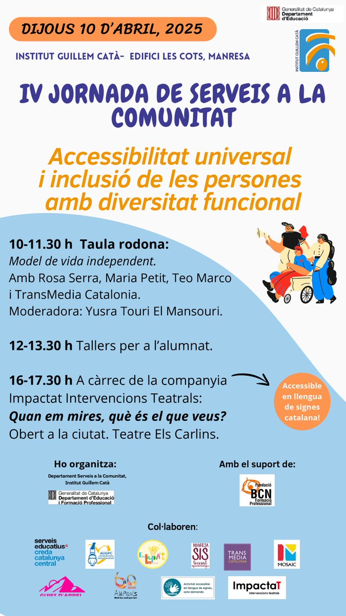 📢 El 10 d'abril participem a la IV Jornada de Serveis a la Comunitat a l'Institut Guillem Catà (Manresa).

Parlarem sobre accessibilitat universal i inclusió de les persones amb diversitat funcional en una taula rodona amb membres del nostre grup de recerca.

No t'ho perdis!