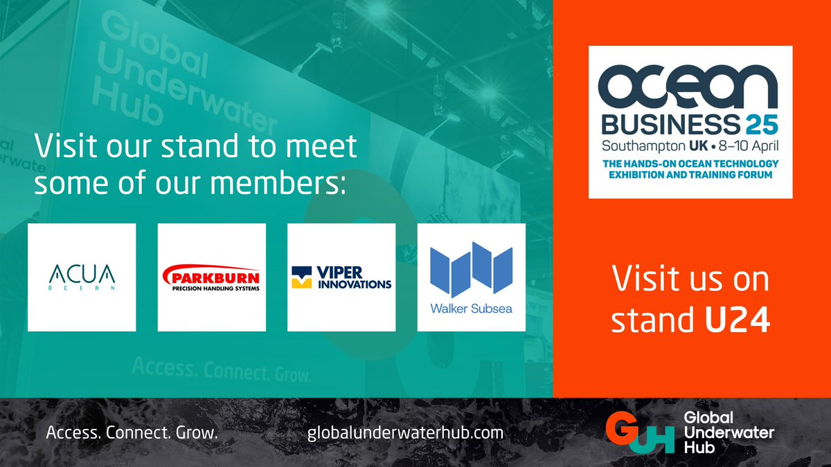 Global Underwater Hub (@guh_news) on Twitter photo Next week, we will be exhibiting at Ocean Business in Southampton.
Visit us on stand U24 to learn more about how we support the UK’s vibrant £9.2bn underwater industry and meet some of our members: <a href="/ACUAOcean/">ACUA Ocean</a>, <a href="/ParkburnPHS/">Parkburn Precision Handling Systems</a>, @Viperinnovates, Walker Subsea Engineering.
#oceanbiz Next week, we will be exhibiting at Ocean Business in Southampton.
Visit us on stand U24 to learn more about how we support the UK’s vibrant £9.2bn underwater industry and meet some of our members: <a href="/ACUAOcean/">ACUA Ocean</a>, <a href="/ParkburnPHS/">Parkburn Precision Handling Systems</a>, @Viperinnovates, Walker Subsea Engineering.
#oceanbiz