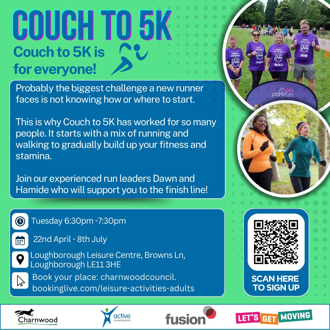 Couch to 5k - Bookings now open! ✅

 Our Couch to 5k is led by experienced running coaches Dawn and Hamide who will guide you through the programme, motivate you, and celebrate your successes! 🏆

charnwoodcouncil.bookinglive.com/leisure-activi… 👈