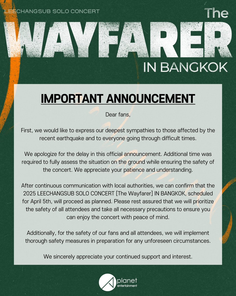 Dear fans,

First, we would like to express our deepest sympathies to those affected by the recent earthquake and to everyone going through difficult times.

We apologize for the delay in this official announcement. Additional time was required to fully assess the situation on