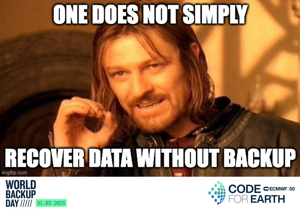 🧙‍♂️ One does not simply recover data without backup.
 On #WorldBackupDay, remember: good science needs good data practices.

Code for Earth relies on reliable data to support climate &amp; weather solutions.

Submit your proposal 👉 codeforearth.ecmwf.int/code-for-earth…

 #CodeForEarth