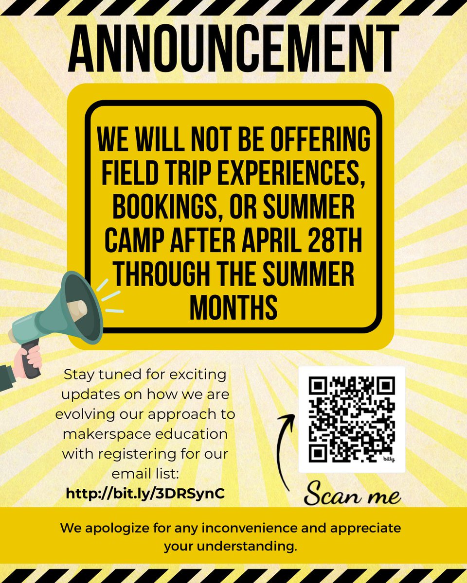 Thanks for your interest in the Innovation Lab! We won’t offer field trips, bookings, or camps after April 28th.

We’re reimagining our makerspace to inspire creativity and hands-on learning. Stay tuned!

For updates, join our email list: loom.ly/zTvd6wo