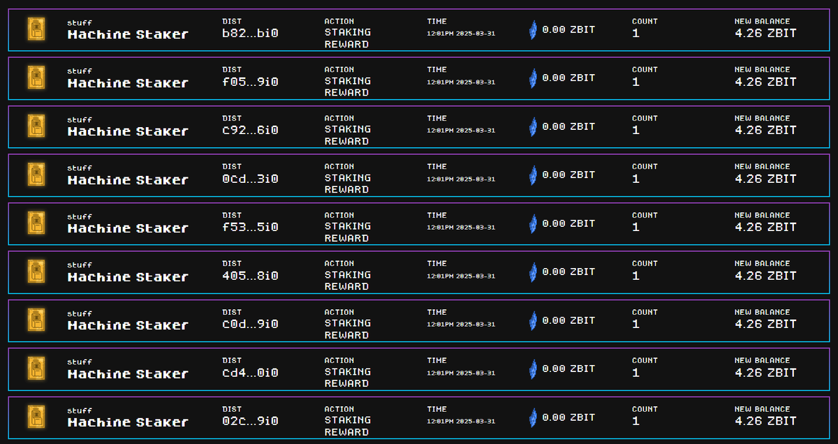 my 9 Machines are now officially printing $ZBIT &amp; $DOG daily rewards

this dashboard can be found in "history" tab on pwer.xyz

not sure why space is so silent about this, it's pretty unique in the ordinal space

<a href="/btcordinal/">BTC MACHINE - Bitcoin Reserve Engine</a> is the hero we don't deserve