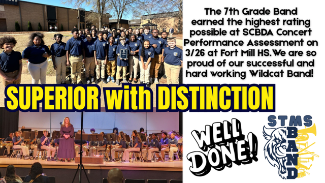 A major #shoutout to our 7th and 8th grade bands on their performances at the #SCBDA Concert. 🥳#wildcatclap #rocksolid #rockhillschools
