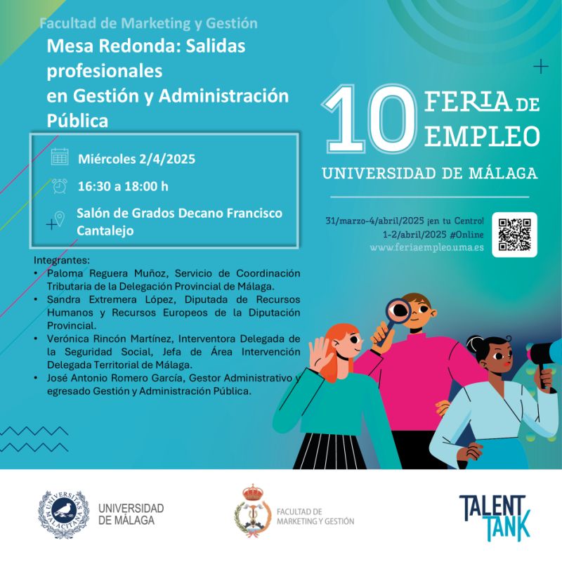 ✅ Grado en Gestión y Administración Pública (GAP)
🗓 Miércoles 16:30h
🎤 Con Paloma Reguera (Coordinación Tributaria), Sandra Extremera (Diputación Málaga), Verónica Rincón (Seguridad Social) y José Antonio Romero (Gestor Administrativo y egresado).

💡¡Una gran oportunidad!