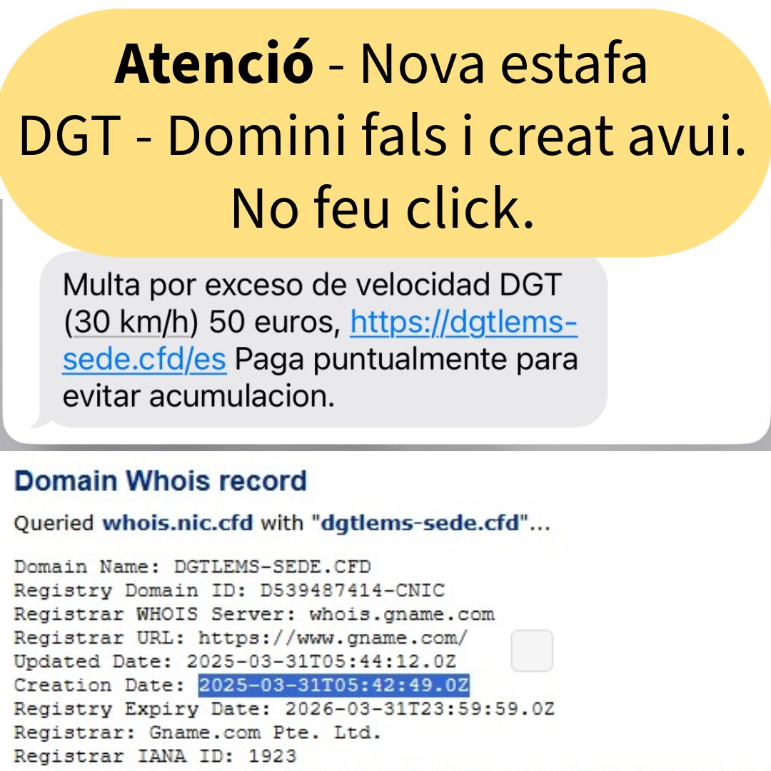 Estafa DGT, d'avui - sortida del forn - Aviseu als vostres.
