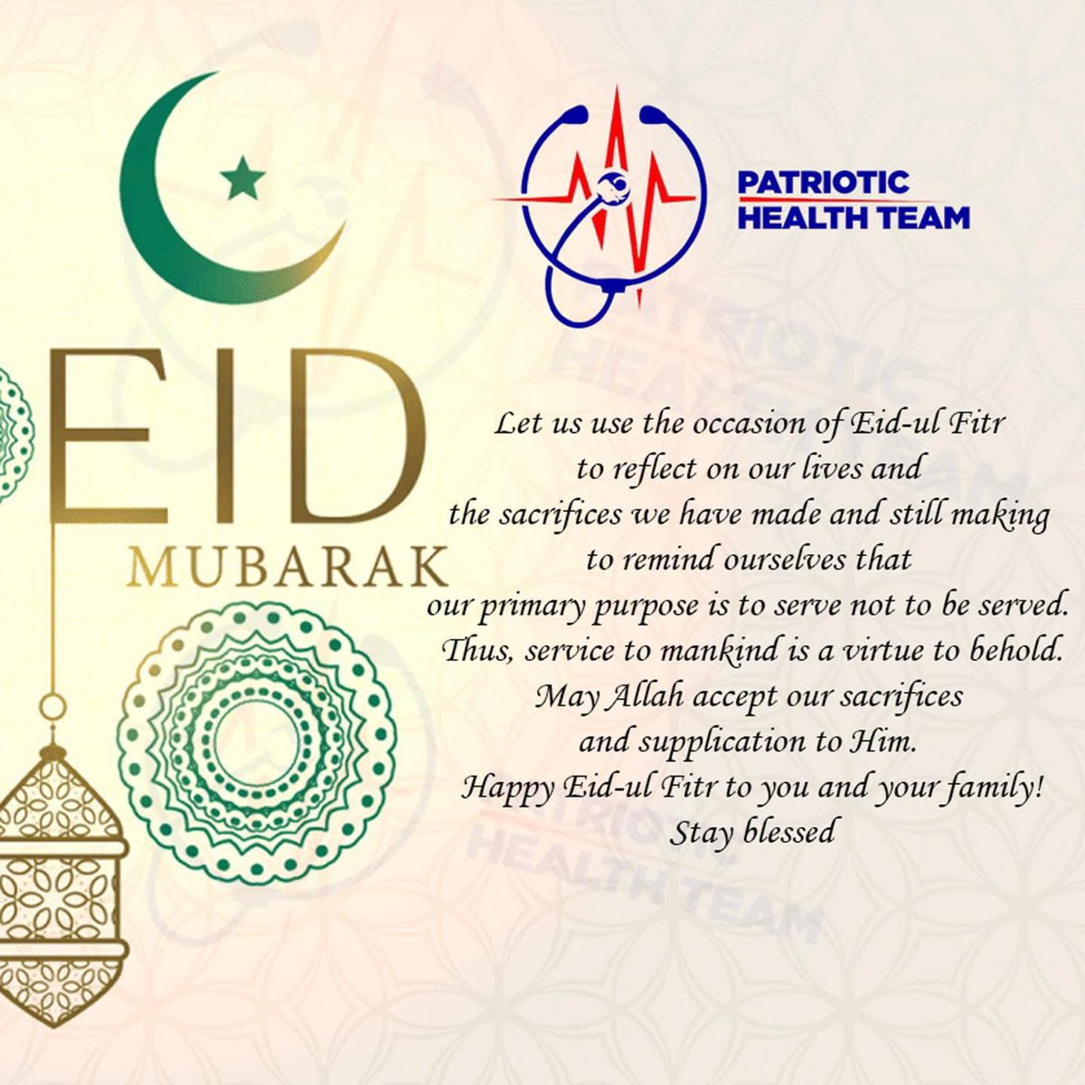 On this joyous occasion of Eid-ul-Fitr, we reflect on our sacrifices and the importance of serving humanity. May Allah accept our prayers and bless us with peace, happiness, and prosperity. Wishing you and your family a blessed Eid! #EidMubarak #PatrioticHealthTeam