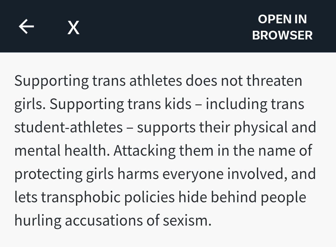 DeAngelisCorey's tweet image. "Supporting trans athletes does not threaten girls. Supporting trans kids – including trans student-athletes – supports their physical and mental health. Attacking them in the name of protecting girls harms everyone involved"
- Jill Underly