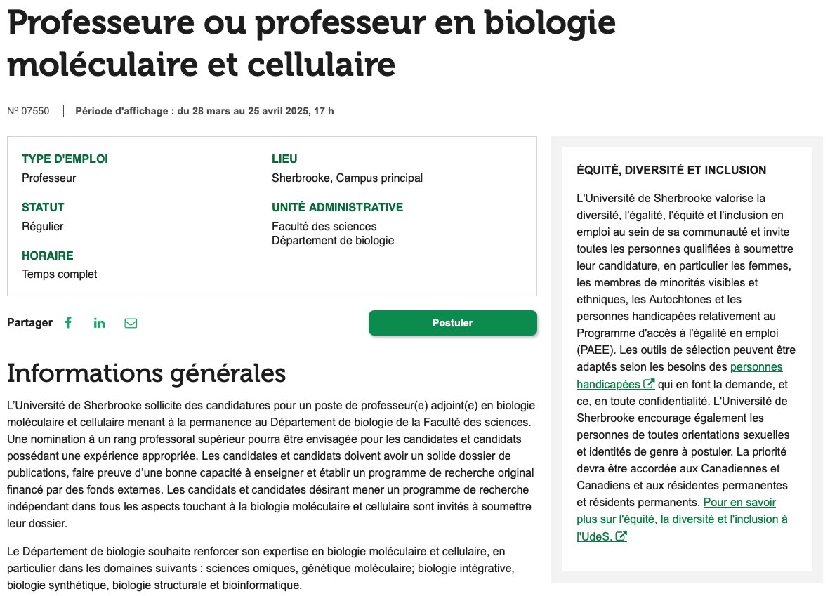 Isabel_Laforest's tweet photo. Le groupe de Biologie Moléculaire du Département de Biologie @USherbrooke recrute!

Une 4e embauche en 2 ans, joignez-vous à une équipe jeune, à un département dynamique, au sein d'une institution exceptionnelle, dans un pays démocratique.

https://t.co/RGq8F1D5jU https://t.co/7XgibquljB