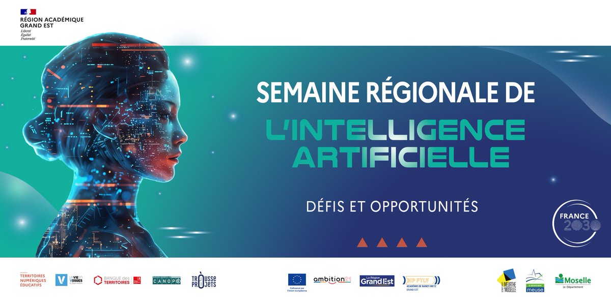 Ambition 21 (@ambition21_fse) on Twitter photo 📢 A la suite des annonces d’<a href="/Elisabeth_Borne/">Élisabeth BORNE</a>, lors du Sommet international pour l'action sur l’#intelligenceartificielle, la <a href="/RA_GrandEst/">Région académique Grand Est</a> organise la seconde édition de la Semaine régionale de l'#IA, du 28 avril au 2 mai 2025.
Plus d'infos 👉 bit.ly/3Rrw8g3
#Ambition21 📢 A la suite des annonces d’<a href="/Elisabeth_Borne/">Élisabeth BORNE</a>, lors du Sommet international pour l'action sur l’#intelligenceartificielle, la <a href="/RA_GrandEst/">Région académique Grand Est</a> organise la seconde édition de la Semaine régionale de l'#IA, du 28 avril au 2 mai 2025.
Plus d'infos 👉 bit.ly/3Rrw8g3
#Ambition21