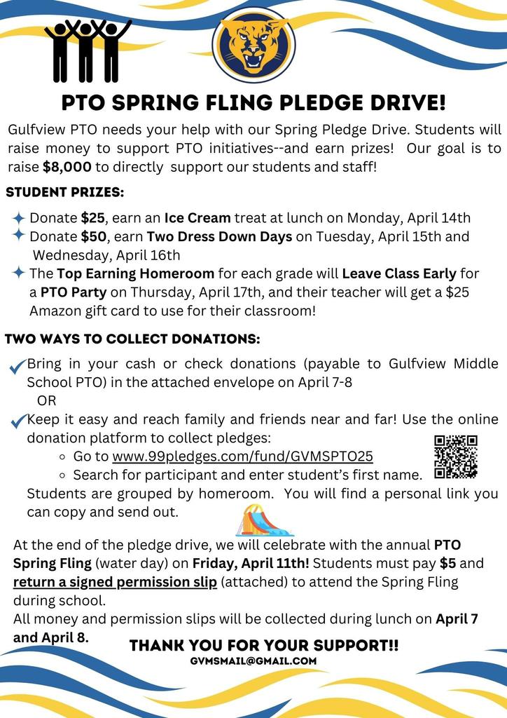 Please consider taking part in our PTO's annual pledge drive- envelopes go home today!   Our PTO does a tremendous job support students and staff at GVM.