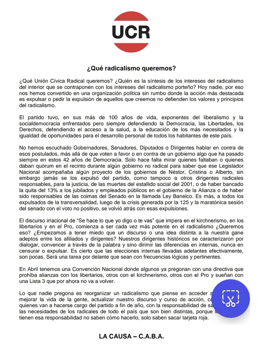 ¿Qué radicalismo queremos? ¿Uno que debate ideas y proyectos o uno que solo saca tarjeta roja al que no piensa como la conducción? <a href="/ConvencionUCR/">Convención Nacional UCR</a> <a href="/MideasUCR/">Militando Ideas UCR</a> <a href="/UCRNacional/">Unión Cívica Radical</a> <a href="/comite_virtual/">Comité Virtual ®</a> <a href="/TermoUCR/">Termo Radical</a> <a href="/elgringotorres/">Agustin Torres</a> <a href="/DeLoredisimo/">Rodriguista🦉🇦🇹</a> <a href="/ucrweb/">Radicales</a> <a href="/Comunicacionucr/">Comunicacion2.0</a> <a href="/RadichetConv/">Convención Radicheta</a> <a href="/FundacionAlem/">Fundación Alem</a>