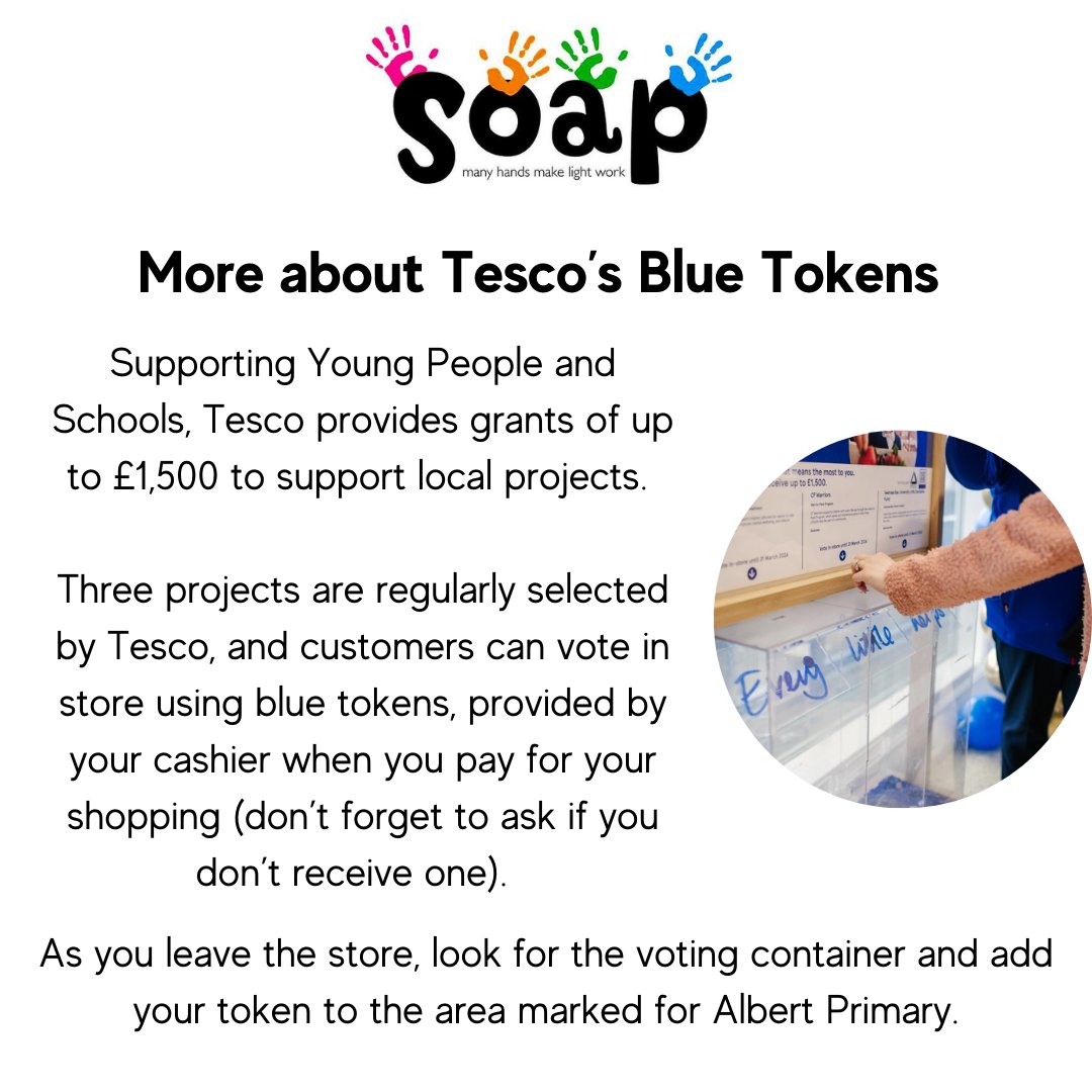 From April until June, you can help raise funds for <a href="/AlbertPrimary/">Albert Primary</a> while you shop at <a href="/Tesco/">Tesco</a> !  We've been selected as one of the great causes Tesco will support with their blue tokens.  Ask for a blue token when you shop at Tesco stores in Penarth, Dinas Powys, &amp; Barry.  Info 👇