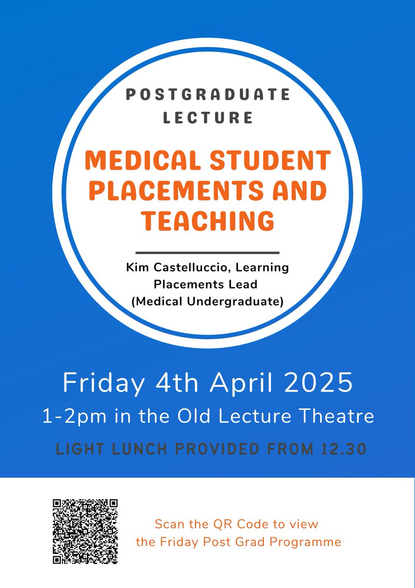Abi Bosher- Med Staffing & PGME (@abibosher) on Twitter photo This week’s Friday Post Grad, 4th April, will be delivered by <a href="/KimCastelluccio/">kim Castelluccio 💙</a> , Medical Undergraduate Placements Lead on the topic:
Medical Student Placements & Teaching
Lunch will be available from 12.30 This week’s Friday Post Grad, 4th April, will be delivered by <a href="/KimCastelluccio/">kim Castelluccio 💙</a> , Medical Undergraduate Placements Lead on the topic:
Medical Student Placements & Teaching
Lunch will be available from 12.30