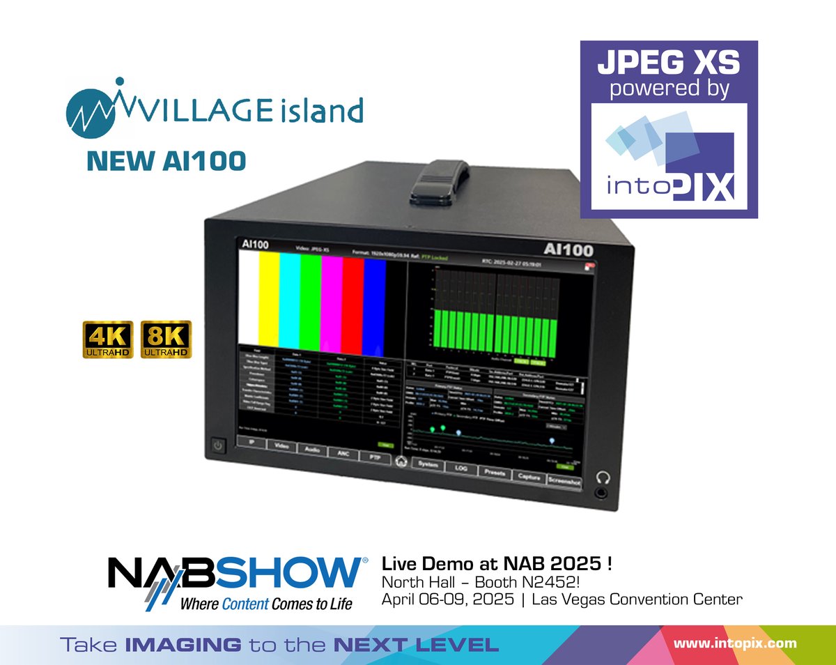 Advanced real-time JPEG XS analysis is here! zurl.co/ioCxO
Village Island’s AI100 now features <a href="/intoPIX/">intoPIX</a> JPEG XS for seamless ST 2110-22 IP workflows:
- Deep JPEG XS analysis
- Interoperability &amp; compliance checks
- 8K real-time monitoring
Meet us at <a href="/NABShow/">NAB Show</a> Booth N2452