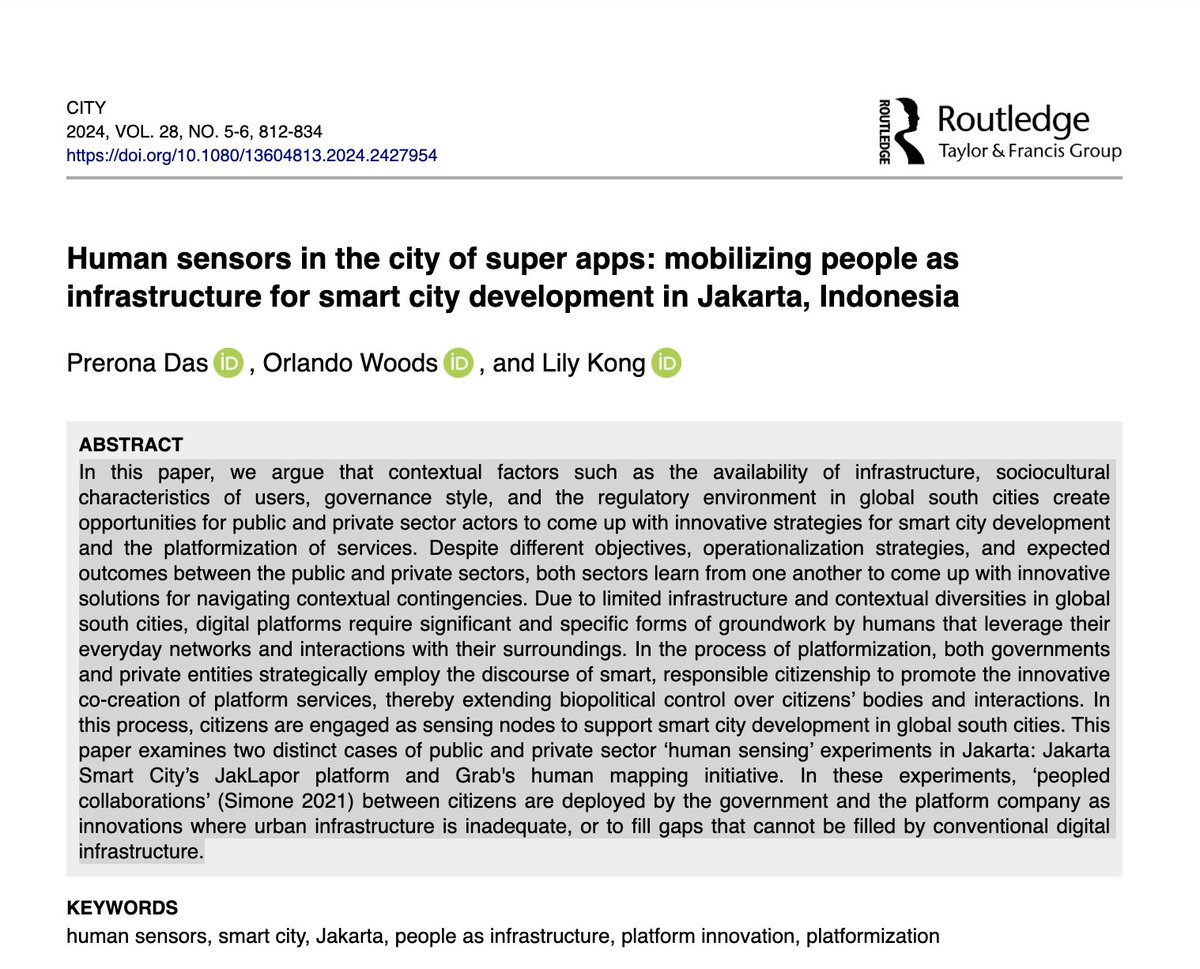 Human sensors in the city of super apps: mobilizing people as infrastructure for smart city development in Jakarta, Indonesia

Prerona Das, Orlando Woods &amp; Lily Kong

doi.org/10.1080/136048…

from City 28.5-6 Original Article, Pages: 812-834