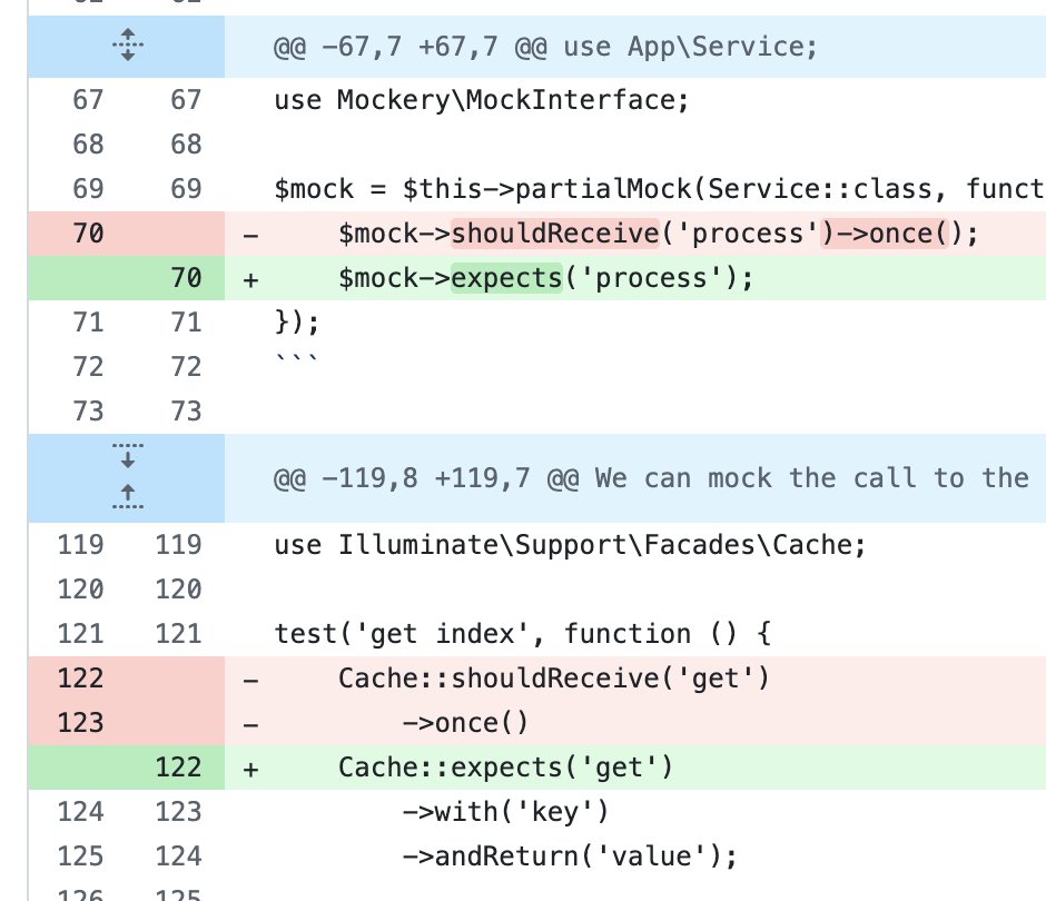 gonedark's tweet image. Using `shouldReceive` can lead to false positives when used without a quantifier, like `once`. It's better to form the habit of using `expects` - which is an alias for `shouldReceive->once`.
Think of `expects` like MUST. Whereas `shouldReceive` is SHOULD, but doesn't have to.