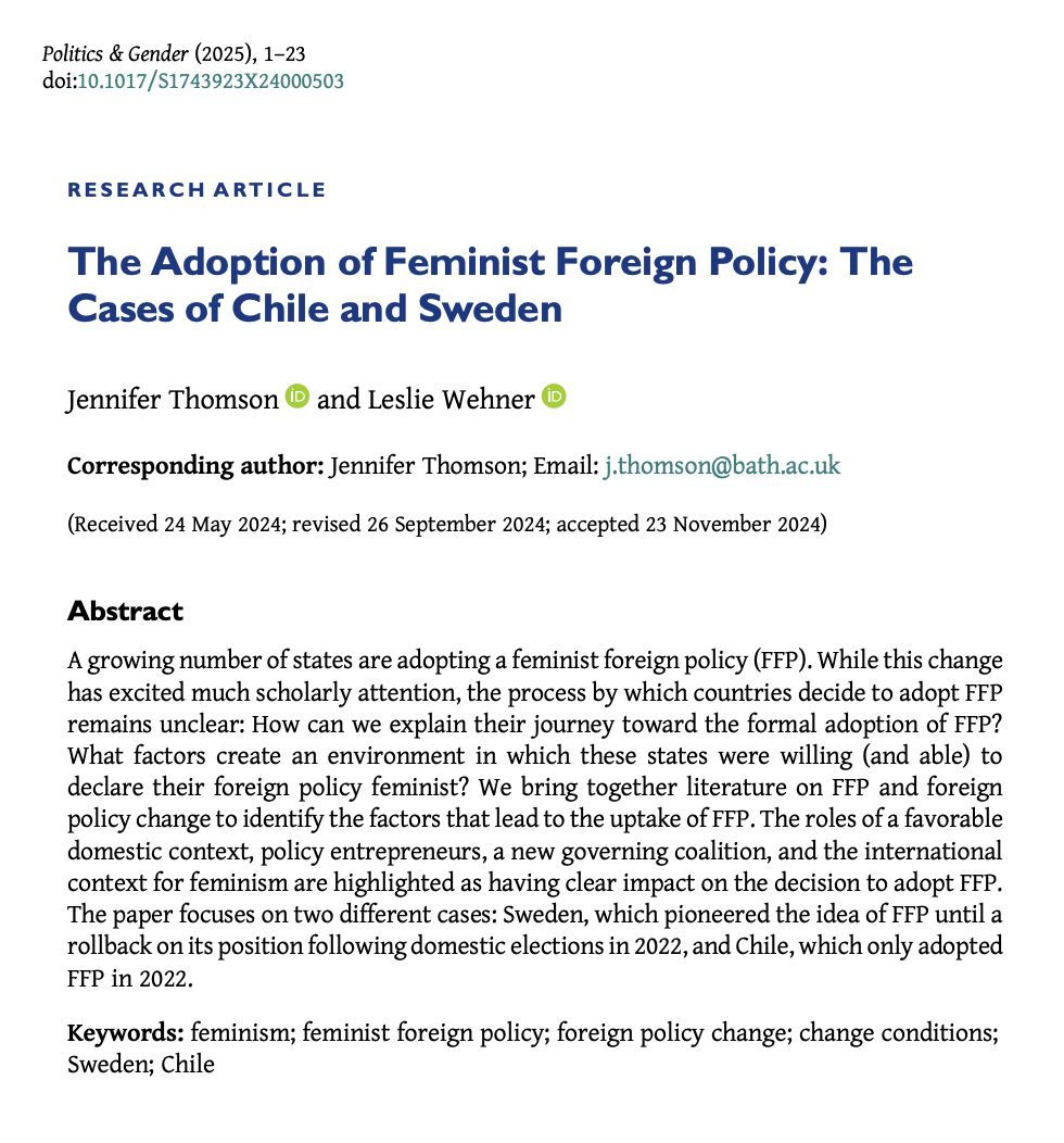 Politics & Gender (@politicsgenderj) on Twitter photo 📣 Out on #FirstView 📣
In "The Adoption of Feminist Foreign Policy" <a href="/jencthomson/">Jennifer Thomson</a> & <a href="/LeslieWehner/">Leslie Wehner</a> compare foreign policy changes in 🇨🇱 & 🇸🇪 pointing to the role of policy entrepreneurs and a favorable domestic context.
buff.ly/VvWhjQo 📣 Out on #FirstView 📣
In "The Adoption of Feminist Foreign Policy" <a href="/jencthomson/">Jennifer Thomson</a> & <a href="/LeslieWehner/">Leslie Wehner</a> compare foreign policy changes in 🇨🇱 & 🇸🇪 pointing to the role of policy entrepreneurs and a favorable domestic context.
buff.ly/VvWhjQo