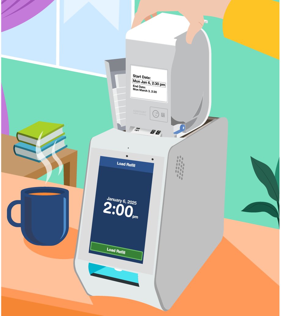 spencerhealth's tweet photo. For those taking multiple medications, counting and sorting pills can feel like a never-ending chore.

spencer® completely solves this problem—no more counting, no more sorting, just the right dose at the right time.

Pre-packaged medication refills, programmed with the exact dispense times, are delivered directly to the spencer® user. All they have to do is drop it into the device, and that’s it! Medication, managed ✅

Discover more of spencer's features here: https://t.co/HoiW49vEKB

#Innovation #Healthcare #Tech