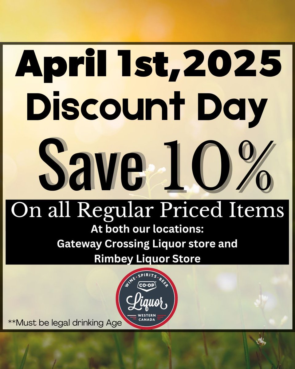 Hey Evergreen Co-op customers, we've got something to brighten your day.  Join us for Discount Day, on April 1st. The first Tuesday of each month look forward to the discount day.

#evergreencoopliquorstore
#discountday
#savings