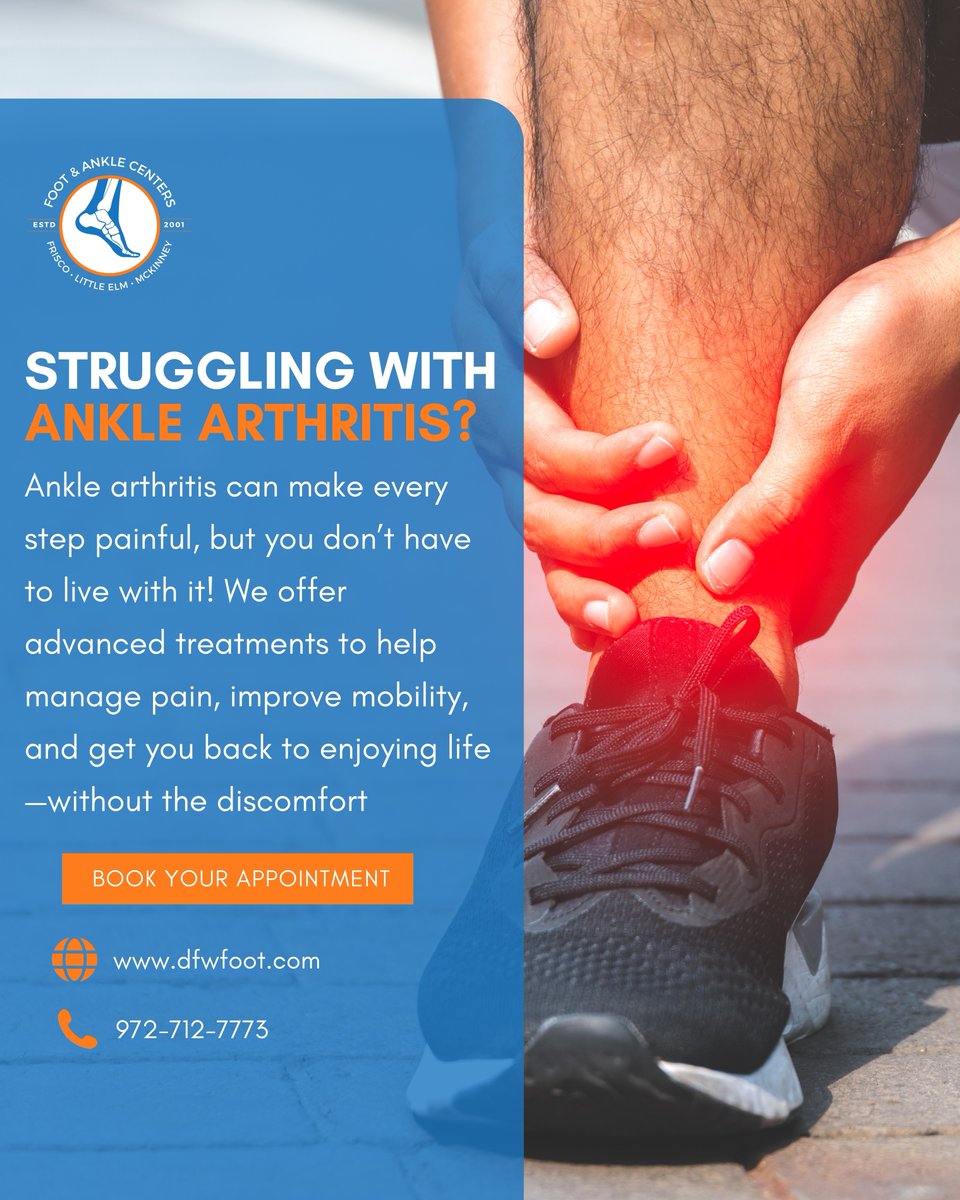 FootAnkleDFW's tweet image. 👣 Struggling with Ankle Arthritis?
🗓 Book your appointment today! dfwfoot.com/contactus

#AnkleArthritis #ArthritisPainRelief #FootCare #PainFreeLife #FootAndAnkleCare #MobilityRestored