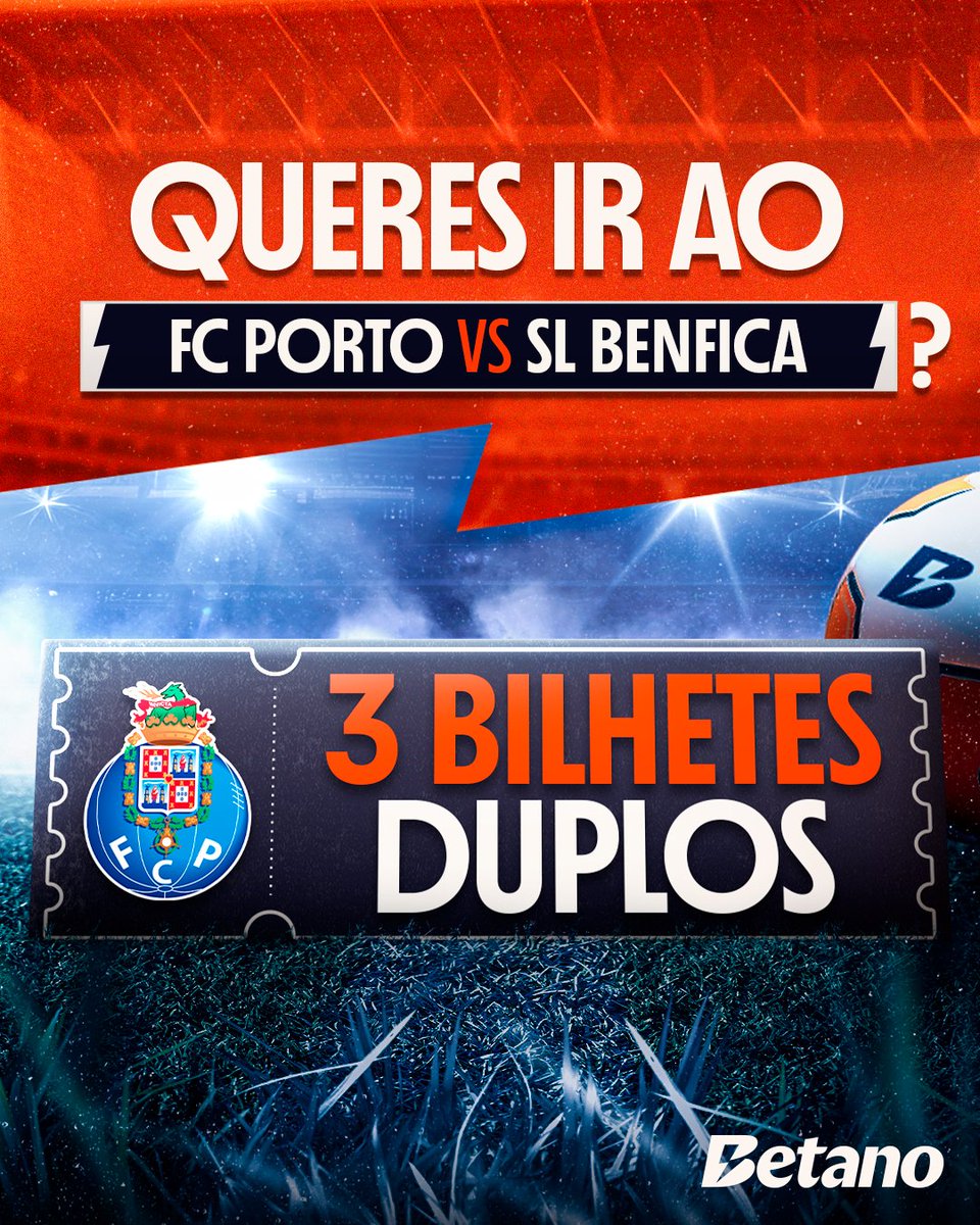 Temos 3️⃣ bilhetes duplos para o @fcporto 🆚 Benfica! Para ganhares, só tens de:

👉 Seguir a <a href="/Betano_PT/">Betano Portugal 🔞</a>
👉 Like, RT e marcar 3 amigos

📌 Termina dia 04/04 às 11h00. Anunciamos os vencedores até às 12h00.