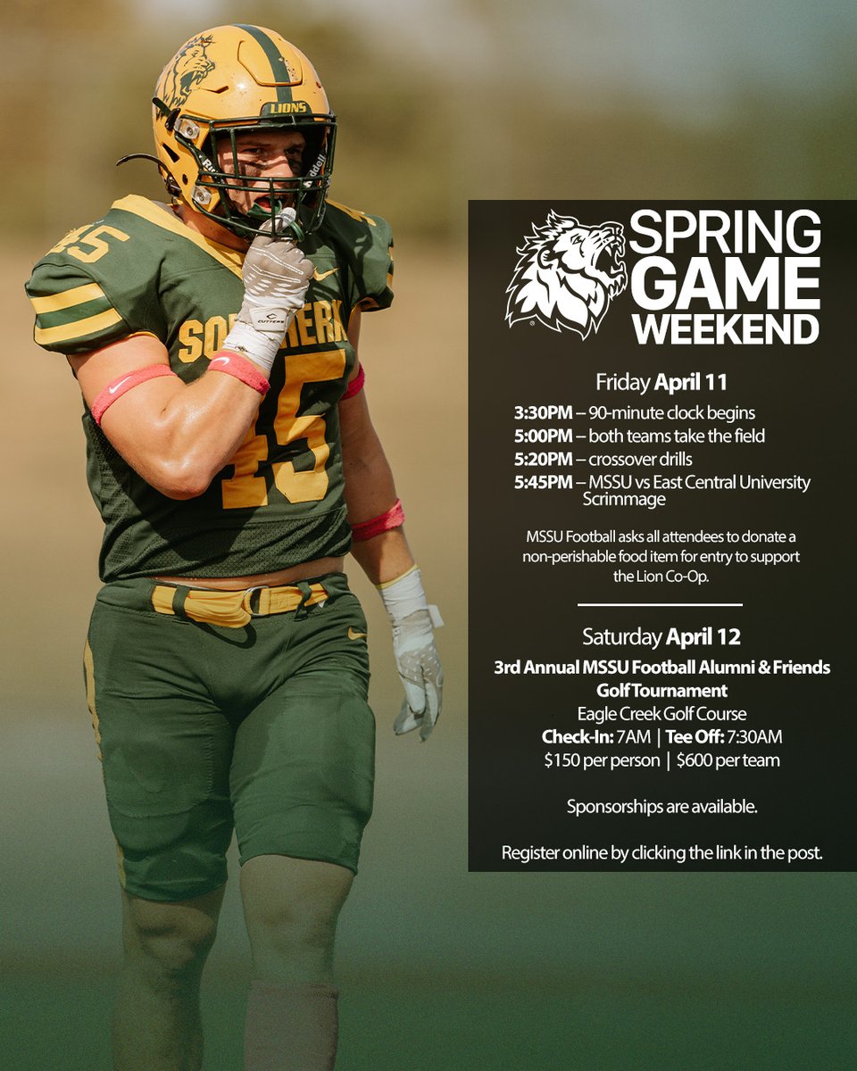 Missouri Southern Football (@mosofootball) on Twitter photo Spring Game Weekend | April 11-12 🦁
For sponsorship information, contact: jwenninghoff@omnilogistics.com
To register online, visit: loom.ly/wJclz2c Spring Game Weekend | April 11-12 🦁
For sponsorship information, contact: jwenninghoff@omnilogistics.com
To register online, visit: loom.ly/wJclz2c