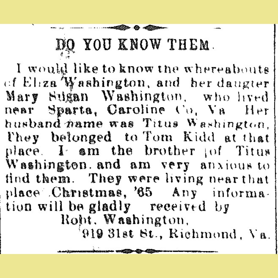 #OnThisDay Robert Washington was searching for his brother's wife and child, Eliza and Mary Susan Washington. Washington's brother was named Titus Washington and was previously enslaved by Tom Kidd.

#LastSeenProject #BlackHistory #DigitalHistory <a href="/USNatArchives/">U.S. National Archives</a> <a href="/NHPRC/">NHPRC</a>