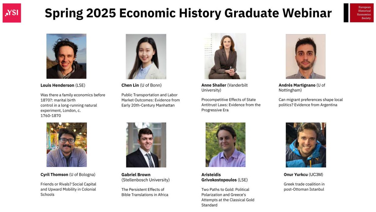 YSI-EHES Economic History Graduate Webinars (@webinarysi) on Twitter photo 📢 Exciting news!
Join us for the <a href="/ysi_commons/">Young Scholars Initiative</a> #econhist Graduate Webinar - Spring 2025!
🗓️ Thursdays | 17:00 CET | Online
📄 Cutting-edge economic history papers
🔗 Register now: forms.gle/9kfL1noU961Rwm…
Looking forward to great discussions—spread the word! 🚀 📢 Exciting news!
Join us for the <a href="/ysi_commons/">Young Scholars Initiative</a> #econhist Graduate Webinar - Spring 2025!
🗓️ Thursdays | 17:00 CET | Online
📄 Cutting-edge economic history papers
🔗 Register now: forms.gle/9kfL1noU961Rwm…
Looking forward to great discussions—spread the word! 🚀