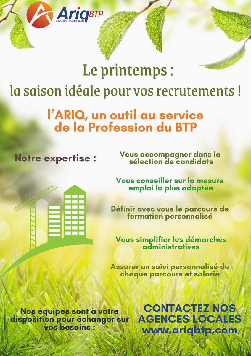Entreprises du BTP : Le printemps -&gt; la saison idéale pour vos recrutements ! 
N'hésitez pas à nous contacter pour toute information : ariqbtp.com
#recrutement #formation #fidélisation #BTP