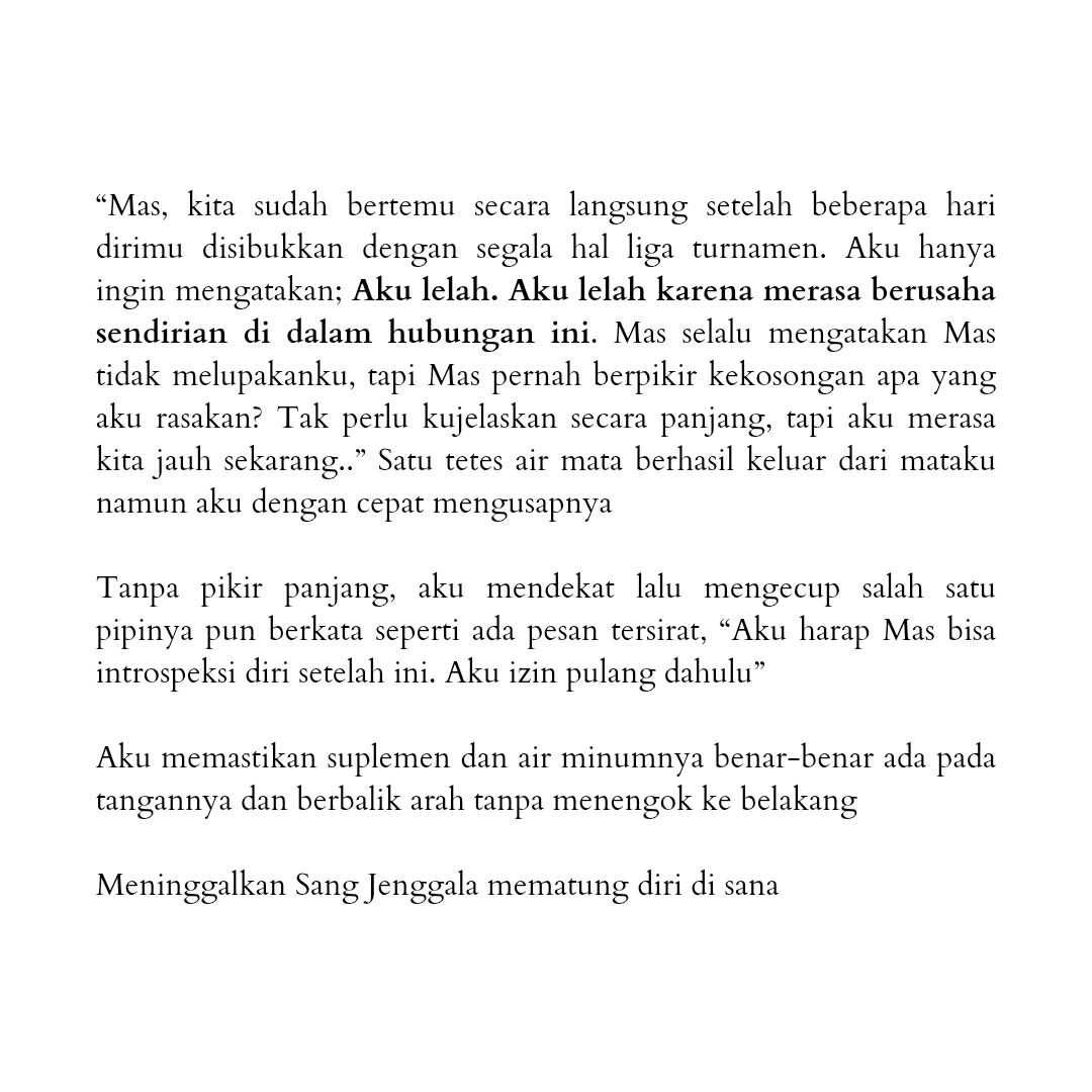 ㅤ

Malam itu dingin, nyaris pecah. Namun yang biasa ia panggil 'Cah Ayu' itu masih bisa menahannya. Setidaknya. Karena ia masih terpaut mencintai lelakinya. Iya, keduanya saling menyayangi. Sangat

ㅤ