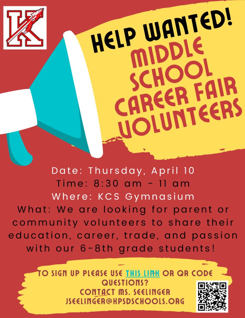 Last call for volunteers! Do you have an interesting career that our middle school students would love to learn about? Please join us for our Career Fair on April 10! Use this link to sign up: forms.gle/Djcg2E3Q1Wrjaq… or contact  jpeirson@kpsdschools.org.