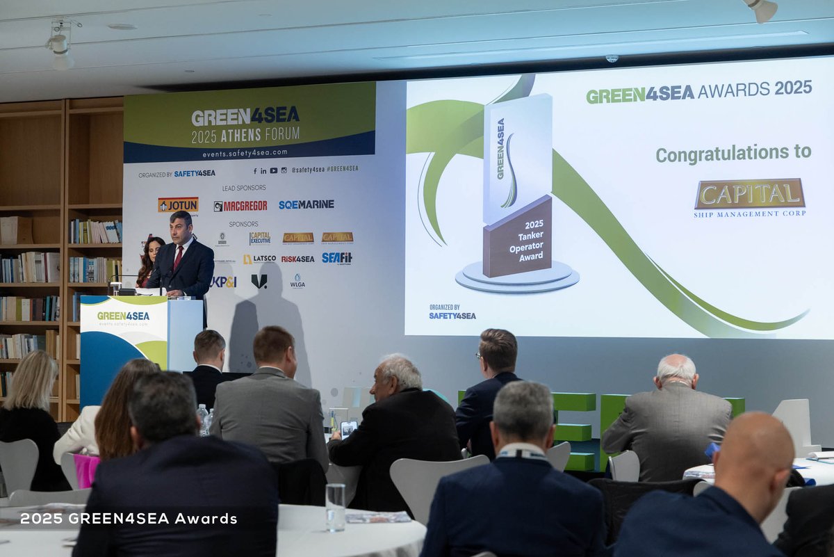 CapitalShip's tweet photo. 🏆 GREEN4SEA 2025 - Tanker Operator Award

Capital Ship Management Corp. has been honored with the #GREEN4SEA 2025 Tanker Operator Award, recognizing efforts in sustainability, operational efficiency, and environmental responsibility in the maritime sector. https://t.co/yIT3RrmTSB