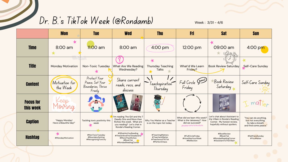 If you want to catch my TikTok lives this week, here is the schedule for the week.