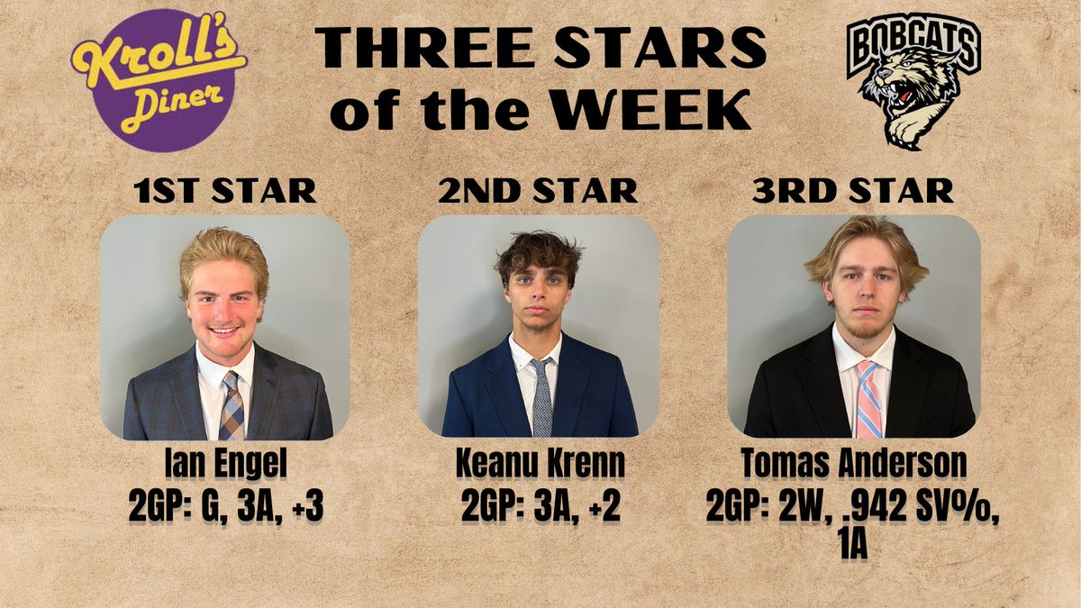 Bismarck Bobcats (@bismarckbobcats) on Twitter photo There were many great performances from the Bobcats this weekend in the sweep over the Bulls! Here are this week's <a href="/KrollsDiner/">Kroll's Diner</a> Three Stars of the Week!
⭐️⭐️⭐️: Tomas Anderson
⭐️⭐️: Keanu Krenn
⭐️: Ian Engel There were many great performances from the Bobcats this weekend in the sweep over the Bulls! Here are this week's <a href="/KrollsDiner/">Kroll's Diner</a> Three Stars of the Week!
⭐️⭐️⭐️: Tomas Anderson
⭐️⭐️: Keanu Krenn
⭐️: Ian Engel