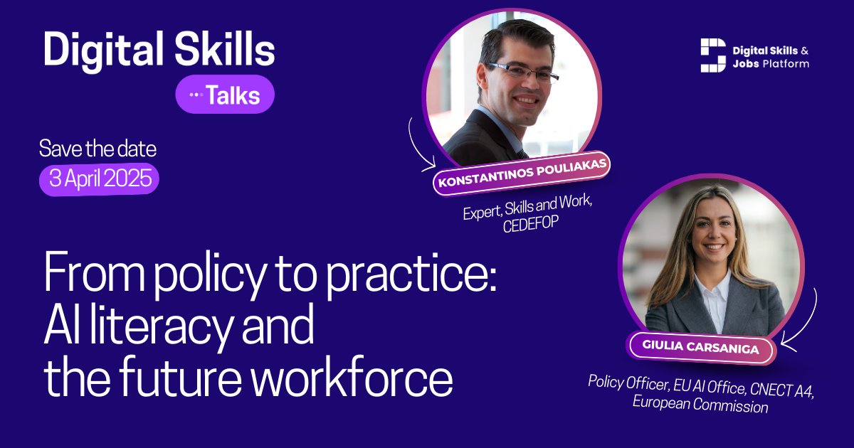 🚀 How is #AI transforming jobs and skills in Europe? 

Tune in for the #DigitalSkillsTalks, featuring our expert <a href="/K_Pouliakas/">Kostas Pouliakas</a>, <a href="/giuliacarsaniga/">Giulia Carsaniga</a>, and <a href="/DigitalSkillsEU/">Digital Skills EU</a> for an episode all about #AI!

🗓️ 3 April 2025, 9:00 CEST 🔗 

Register now: bit.ly/4iFTSsV