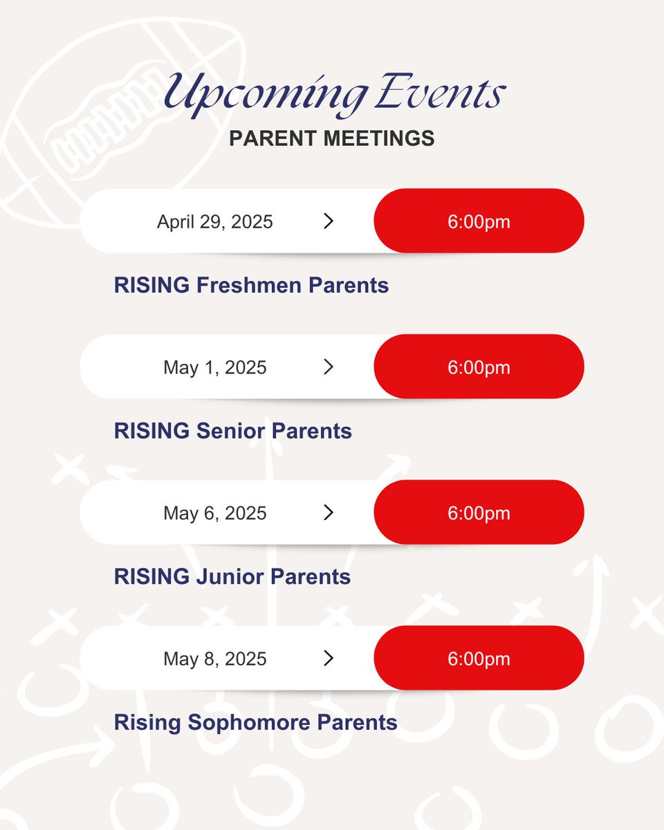 UPCOMING PARENT MEETINGS: Here are the dates for parent meetings based on your son's class in Fall 2025. This will be the only scheduled meeting with the coaches, so please make every effort to attend. Clear communication is essential for a strong start to our season! #OneWest
