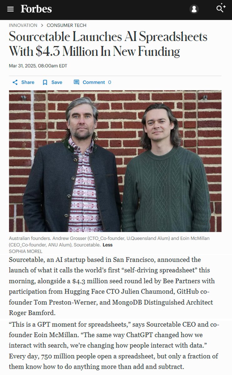 Today, we're announcing the world's first self-driving spreadsheet and the close of our seed round.

<a href="/Forbes/">Forbes</a> &amp; <a href="/CharlieFink/">Charlie Fink</a> cover the story:

forbes.com/sites/charlief…