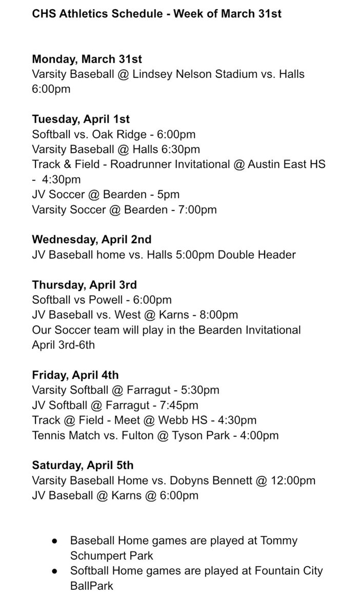 A lot of chances to catch our student athletes in action this week!
* Schedules are subject to change with weather
