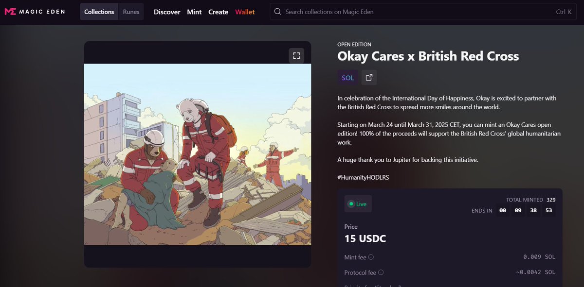 Mint for the <a href="/BritishRedCross/">British Red Cross 🧡</a> x Okay collaboration closes in just a few hours on ME!

Don’t miss your chance to own a special NFT —100% of proceeds support people around the world.

⌛Ends today 23:59 CET.

A huge thank you to <a href="/JupiterExchange/">Jupiter (🐱, 🐐)</a> for backing this initiative.