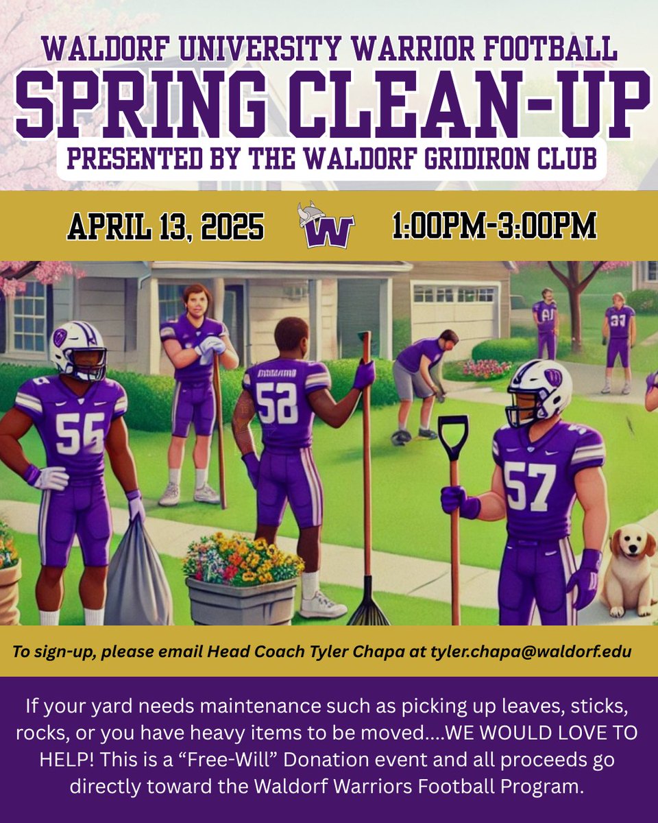 Waldorf Football (@wu_football) on Twitter photo It's that time of year again Warrior Nation! Spring Clean Up is upon us and our Waldorf University Football Program is ready to help! If you have jobs...we have volunteers to jump into action and get them done! Email Head Coach Tyler Chapa ( tyler.chapa@waldorf.edu ) to book your It's that time of year again Warrior Nation! Spring Clean Up is upon us and our Waldorf University Football Program is ready to help! If you have jobs...we have volunteers to jump into action and get them done! Email Head Coach Tyler Chapa ( tyler.chapa@waldorf.edu ) to book your