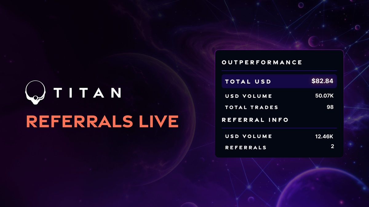 Titan_Exchange's tweet photo. Referrals are live!

If you have traded any volume on Titan Private Beta, you can now share your unique referral code (2 uses) with your friends.

Track your referral volume in the top right corner of the app. https://t.co/mFMMGgIP9y