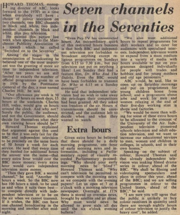 'Seven channels in the Seventies'. A look into a possible multi-channel future. The Stage and Television Today (31st March 1966).