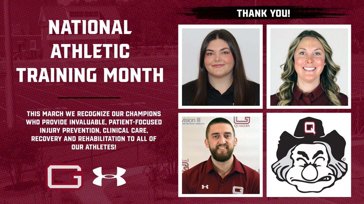 As we wrap up National Athletic Training Month, we would like to give a big THANK YOU to our Athletic Training staff; Kourtnie, Sarah, and Will! 🏥

Your dedication, expertise, and care keeps our Quakers healthy, strong, and ready to compete! 🩹

#GoQuakes