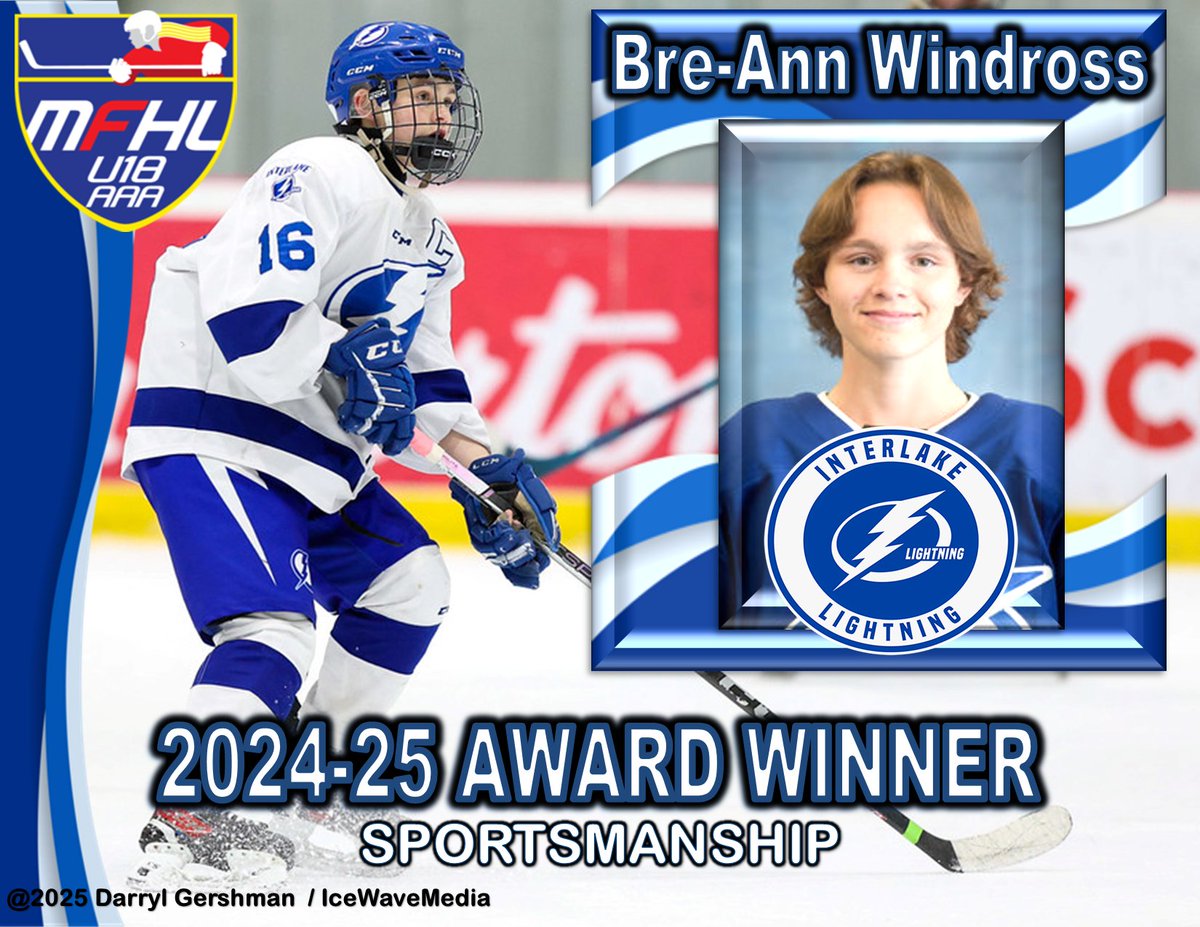 MFHL Award Winner-<a href="/U18BoltsAAAF/">Interlake Lightning Female U18 AAA</a> selected as Sportsmanship Award Winner - 1 of the hardest working players in MFHL while only picking up 2 Penalty Minutes. CONGRATS! #ThePlaceToPlay
<a href="/hockeymanitoba/">Hockey Manitoba</a> <a href="/GameOnHockey/">Game On Magazine</a> <a href="/darryl_gershman/">Darryl Gershman</a> <a href="/IceWaveMediaMB/">Ice Wave Media 🥅</a> <a href="/GShowPodcast/">GShow Productions</a> <a href="/The_GShow_/">Graeme Forsyth</a> <a href="/mikegerl/">Michael Gerl</a>