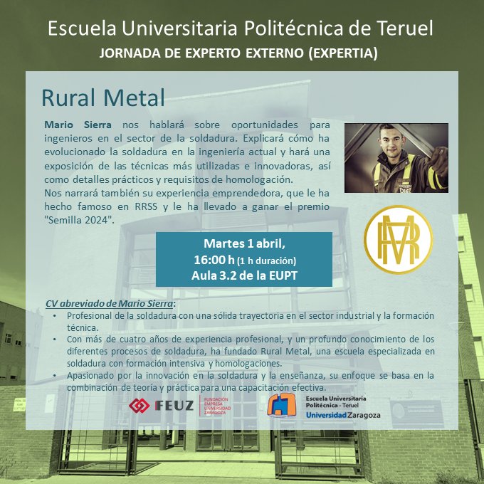 Este martes nos visita Mario Sierra para hablar sobre la evolución y últimas técnicas en el ámbito de la soldadura.
Mario destaca por su influencia en redes sociales (su cuenta de Instagram @ruralmetal20 cuenta con casi 500k seguidores), donde forma, informa e inspira.
