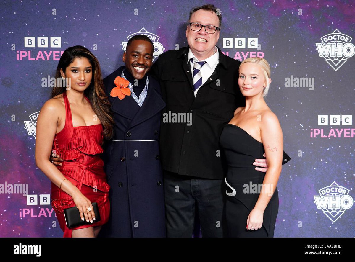 And look, there’s the main gang!
Varada, Ncuti, Russell and Millie!
The Doctor, the companions &amp; the showrunner~
#DoctorWho Series 15 Premiere rolls on~
