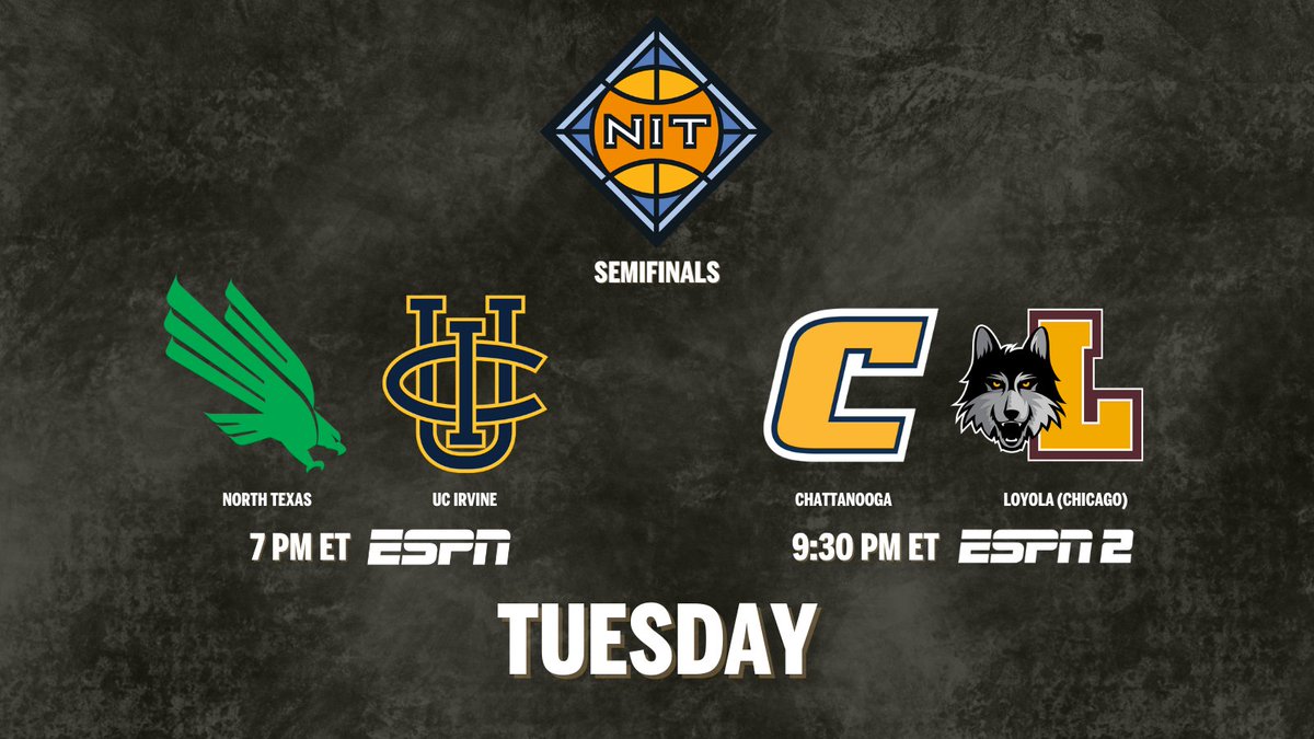 ESPN PR (@espnpr) on Twitter photo Tuesday, ESPN presents the 2025 <a href="/NITMBB/">NIT</a> Semifinals - live from Hinkle Fieldhouse
🏀 7p ET | <a href="/MeanGreenMBB/">UNT Basketball</a> vs <a href="/UCImbb/">UCI Men's Basketball</a> | ESPN
🏀 9:30p ET | <a href="/GoMocsMBB/">Chattanooga Basketball</a> vs <a href="/RamblersMBB/">Loyola Men's Basketball</a> | ESPN2
🎙 <a href="/mikecoreysports/">Mike Corey</a>, <a href="/franfraschilla/">Fran Fraschilla</a>, <a href="/ashahahmadi/">Ashley ShahAhmadi</a> Tuesday, ESPN presents the 2025 <a href="/NITMBB/">NIT</a> Semifinals - live from Hinkle Fieldhouse
🏀 7p ET | <a href="/MeanGreenMBB/">UNT Basketball</a> vs <a href="/UCImbb/">UCI Men's Basketball</a> | ESPN
🏀 9:30p ET | <a href="/GoMocsMBB/">Chattanooga Basketball</a> vs <a href="/RamblersMBB/">Loyola Men's Basketball</a> | ESPN2
🎙 <a href="/mikecoreysports/">Mike Corey</a>, <a href="/franfraschilla/">Fran Fraschilla</a>, <a href="/ashahahmadi/">Ashley ShahAhmadi</a>