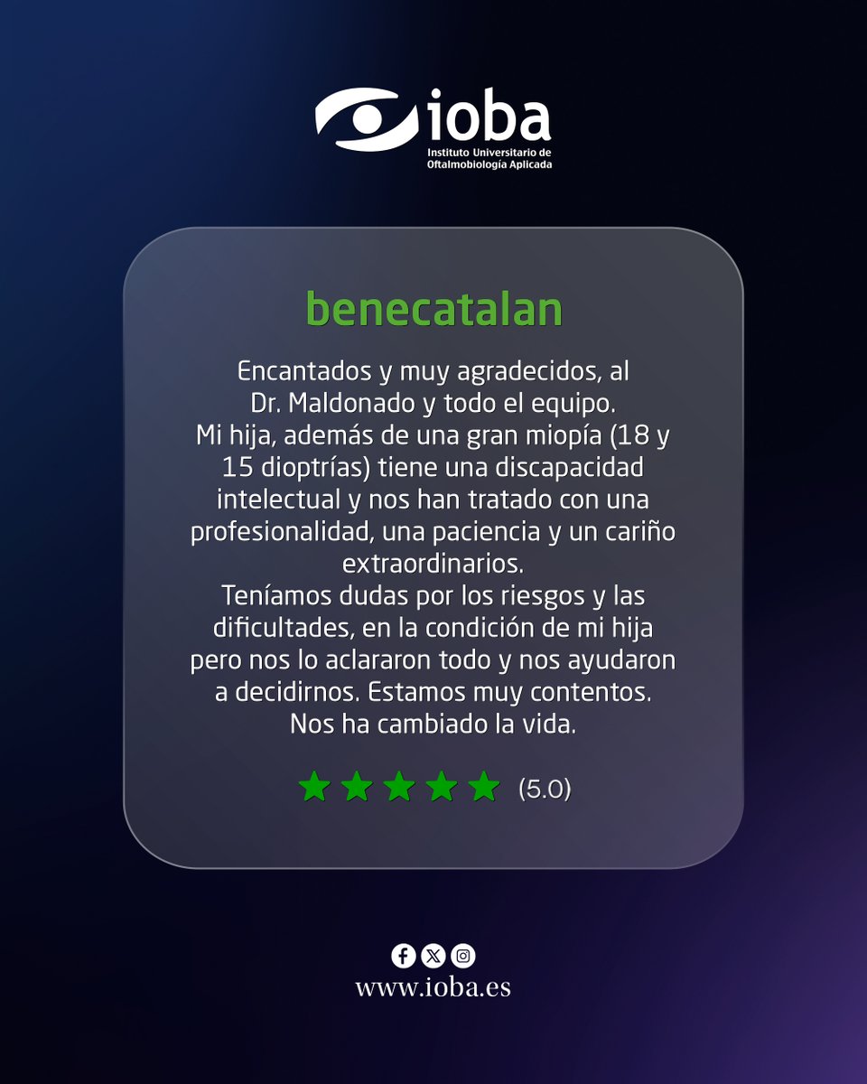 Gracias por tu #Reseña benecatalan, en el <a href="/IobaUVa/">Ioba</a> siempre informamos a nuestros pacientes de forma detallada sobre el proceso o tratamiento a seguir y aclaramos todas las dudas que puedan tener para su completa tranquilidad.
▪️Pide tu cita en el 983 423 559
#ClínicaOftalmológica