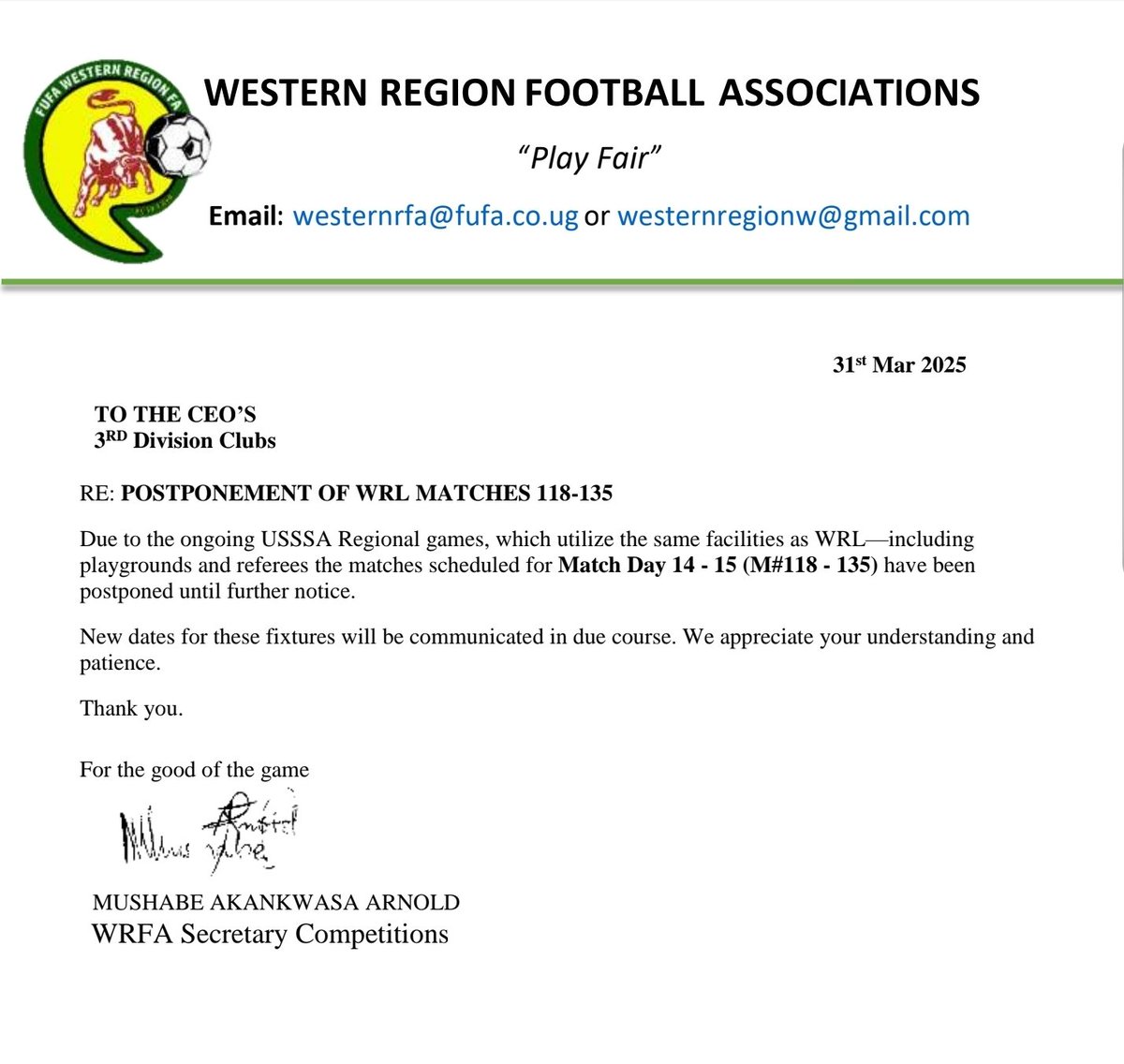 Rwamparabullsfc's tweet photo. Postponement of games https://t.co/uRg1ropW8C